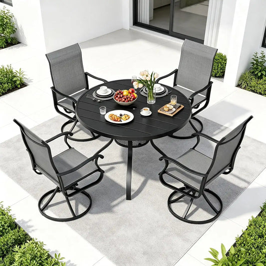 SUNCROWN 5-Piece Outdoor Patio Dining Set, All Weather Round Metal Table & 4 Dark Gray Swivel Textilene Mesh Chairs, Weather Resistant Patio Furniture for Deck Lawn Garden Backyard Poolside