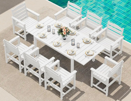 SERWALL HDPE and Aluminum Outdoor Dining Set for 8, White