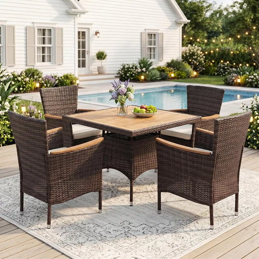 Wisteria Lane 5-Pieces Rattan Patio Dining Sets with Acacia Wood Tabletop