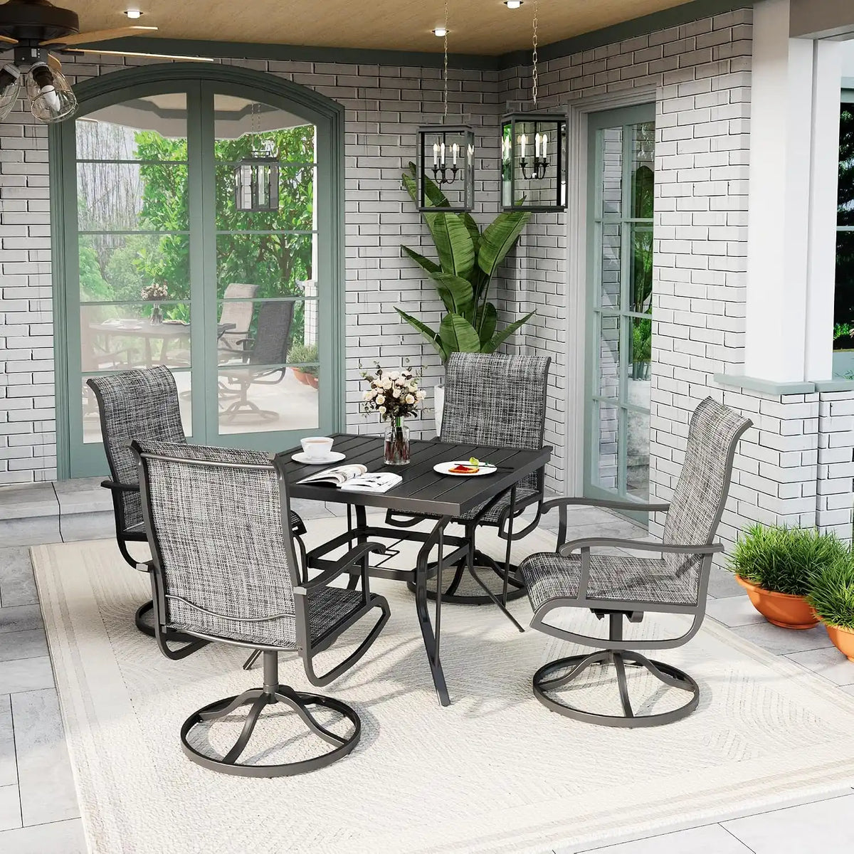 5-Piece Outdoor Dining Set, All Weather Patio Table and Chairs Set with Umbrella Hole for 4, Outdoor Table and 4 Textilene Swivel Chairs for Backyard, Poolside, Deck, Grey