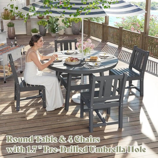 AMERLIFE Outdoor Dining Set for 4, HDPE Round Table and Chairs, Gray