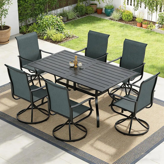 SUNCROWN 7-Piece Outdoor Patio Dining Set, All Weather Rectangular Metal Table & 6 Dark Grey Swivel Textilene Mesh Chairs, Weather Resistant Patio Furniture for Deck Lawn Garden Backyard Poolside