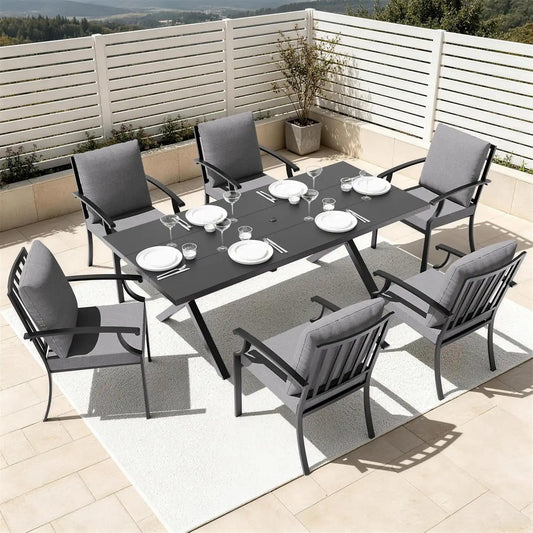 7 PCS Outdoor Patio Dining Set,Patio Table and Chairs Metal Outdoor Patio Furniture Set with Umbrella Hole,Dining Table Set with 6 Chairs for Deck,Backyard and Garden,Grey