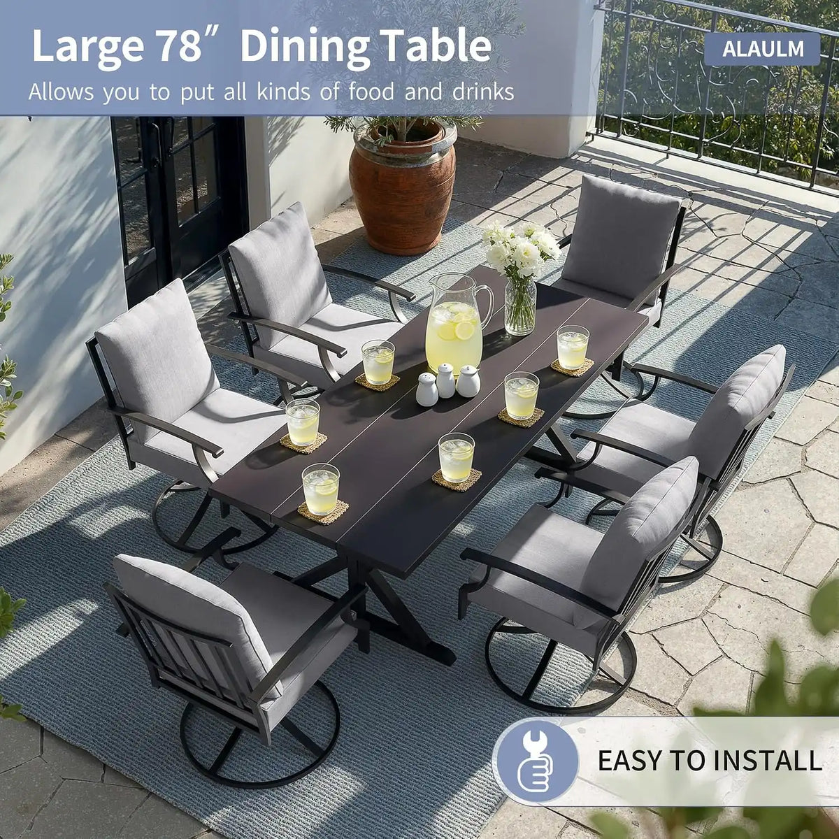 ALAULM 7-Piece Patio Dining Set,Outdoor Metal Dining Set with 6 Swivel Chairs & Rectangle Table with 1.5 Umbrella Hole, Patio Dining Table and Chairs for Backyard, Grey