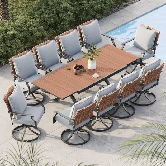 Grand patio 11-Pc Outdoor Swivel Dining Set, 10 Gray Chairs + Table, Brown