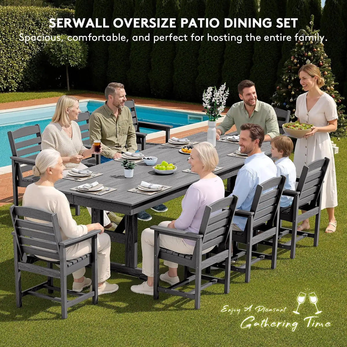 SERWALL Outdoor 84" HDPE Rectangular Dining Table for 6-8,All-Weather,Gray