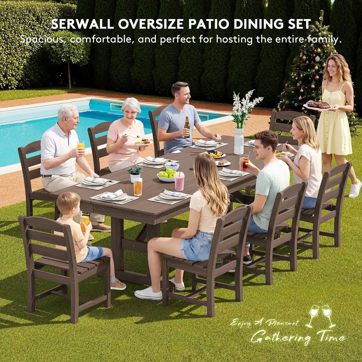 SERWALL 9Pcs 84" HDPE Outdoor Dining Set for 8 with Armless Chairs,Brown