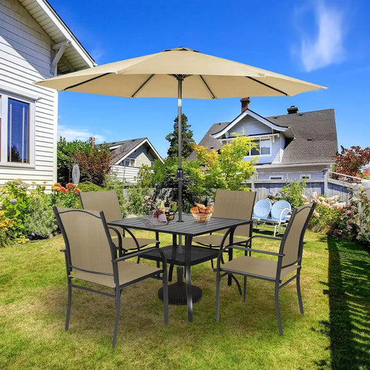 SUNCROWN 6 - Piece Outdoor Dining Set, Patio Furniture Set with 4 Textilene Dinning Chairs, 1 Steel Slat Metal Bistro Table and 1 Brown 9Ft Patio Umbrella for Lawn Garden Backyard Deck, Brown