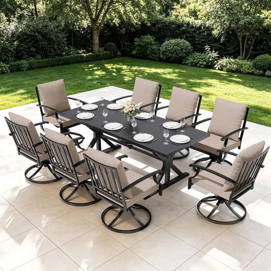 9 Pieces Outdoor Patio Dining Set,Patio Table and Chairs Metal Outdoor Patio Furniture Set with Umbrella Hole,Dining Table Set with 8 Swivel Chairs for Deck,Backyard and Garden,Brown