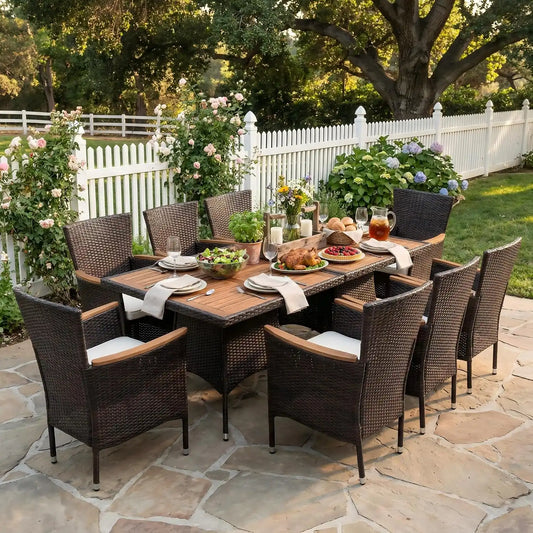 10-Pieces Ratton Patio Table and Chairs with Acacia Tabletop for Outdoor