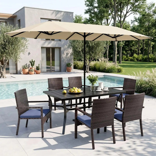 Sophia & William 7pc Patio Dining Set with Beige Umbrella, 6 Rattan Chairs