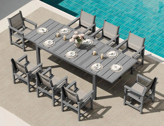 SERWALL HDPE Outdoor Dining Set for 8 with Textilene Chairs, Grey