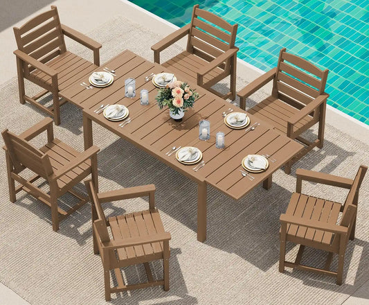 SERWALL 60" - 83" Expandable Outdoor Dining Table and 6 HDPE Chairs, Brown