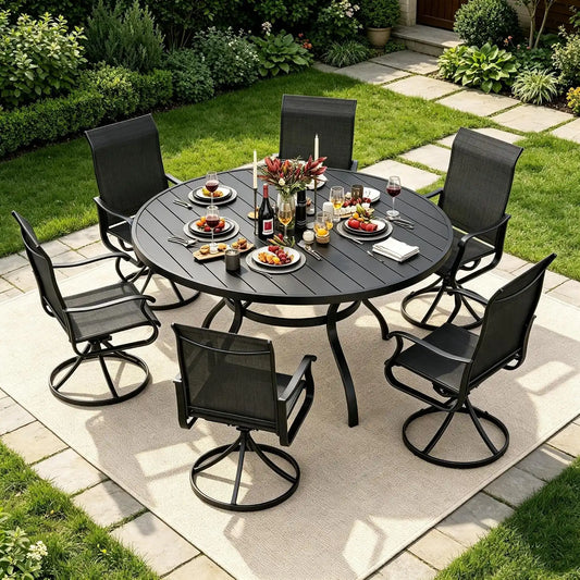 SUNCROWN 7-Piece Outdoor Patio Dining Set, All Weather Round Metal Table & 6 Black Swivel Textilene Mesh Chairs, Weather Resistant Patio Furniture for Deck Lawn Garden Backyard Poolside
