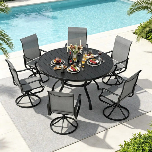 SUNCROWN 7-Piece Outdoor Patio Dining Set, All Weather Round Metal Table & 6 Dark Gray Swivel Textilene Mesh Chairs, Weather Resistant Patio Furniture for Deck Lawn Garden Backyard Poolside