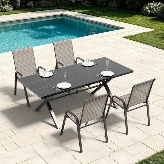 5 PCS Outdoor Patio Dining Set,Patio Table and Chairs Metal Outdoor Patio Furniture Set with Umbrella Hole,Dining Table Set with 4 Teslin Chairs for Deck,Backyard and Garden