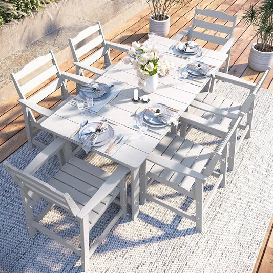 THOEOE 7 Pieces Outdoor Table and Chairs, 70" HDPE Dining Set for 6, White