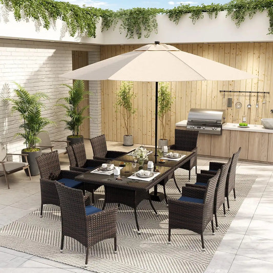 ALAULM 10 Piece Patio Dining Set All-Weather Wicker Outdoor Dining Table and Chairs w/Tempered Glass Tabletop, Removable Cushions and Umbrella Hole for Patio, Backyard, Garden, Poolside -DarkBu