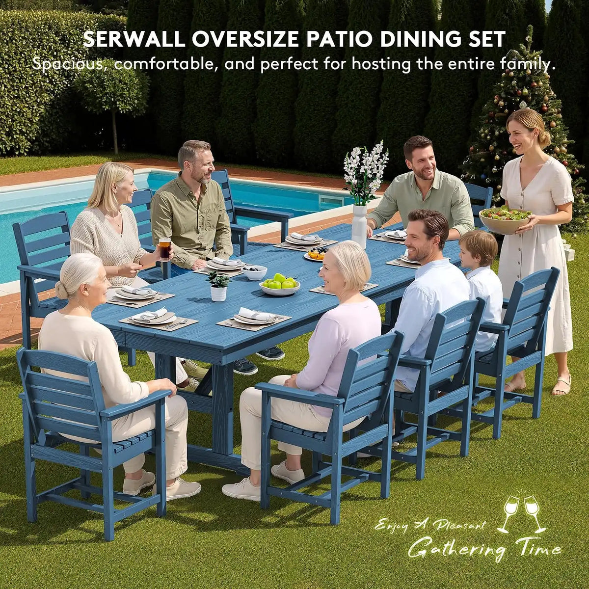 SERWALL Outdoor 84" HDPE Rectangular Dining Table for 6-8,All-Weather,Blue