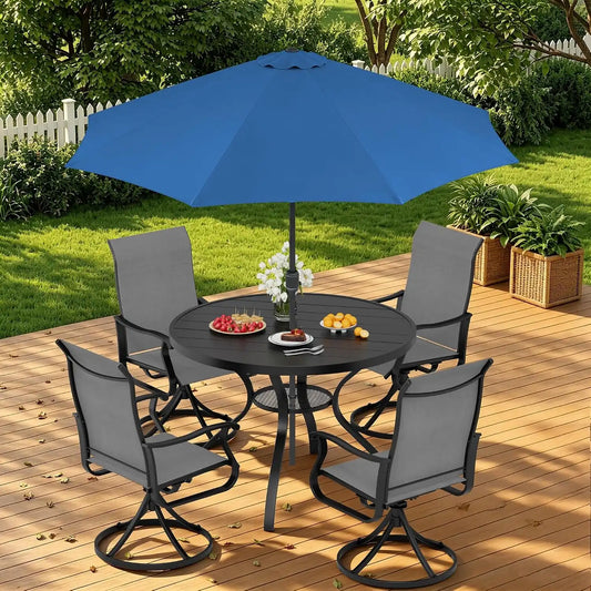 SUNCROWN 6-Piece Outdoor Dining Set, All Weather Patio Furniture Sets with 4 Dark Gray Swivel Textilene Mesh Chairs & Round Metal Table & 1 Dark Blue 9Ft Umbrella for Deck Garden Backyard Poolside