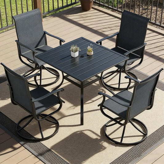 SUNCROWN 5-Piece Outdoor Patio Dining Set, All Weather Square Metal Table & 4 Black Swivel Textilene Mesh Chairs, Weather Resistant Patio Furniture for Deck Lawn Garden Backyard Poolside