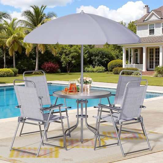 Shintenchi 6 Piece Patio Dining Set with Umbrella, Outdoor Furniture Set with 4 Folding Chairs and Tempered Glass Top Dining Table fot Lawn Backyard Garden Porch, Silver