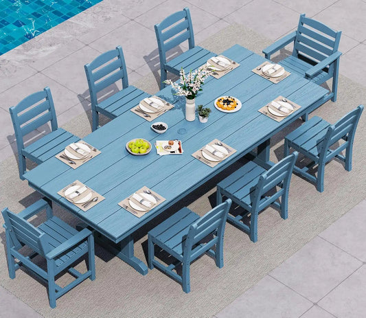 SERWALL 9Pcs HDPE Outdoor Dining Set w/6 Armless, 2 Armchairs for 8,Blue