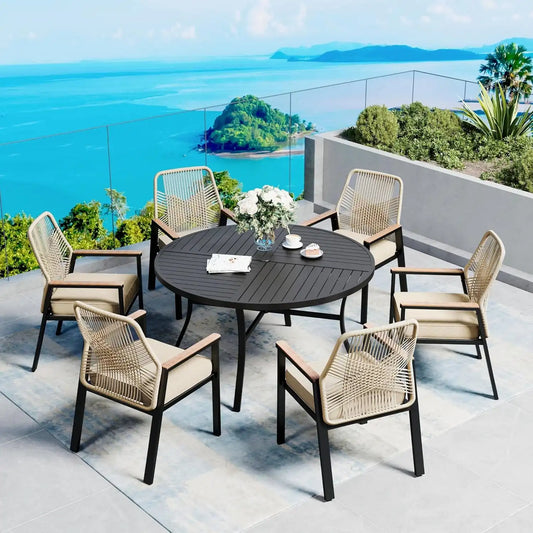 SUNSHINE VALLEY 7pc Patio Dining Set, 54" Round Table & 6 Rattan Chairs