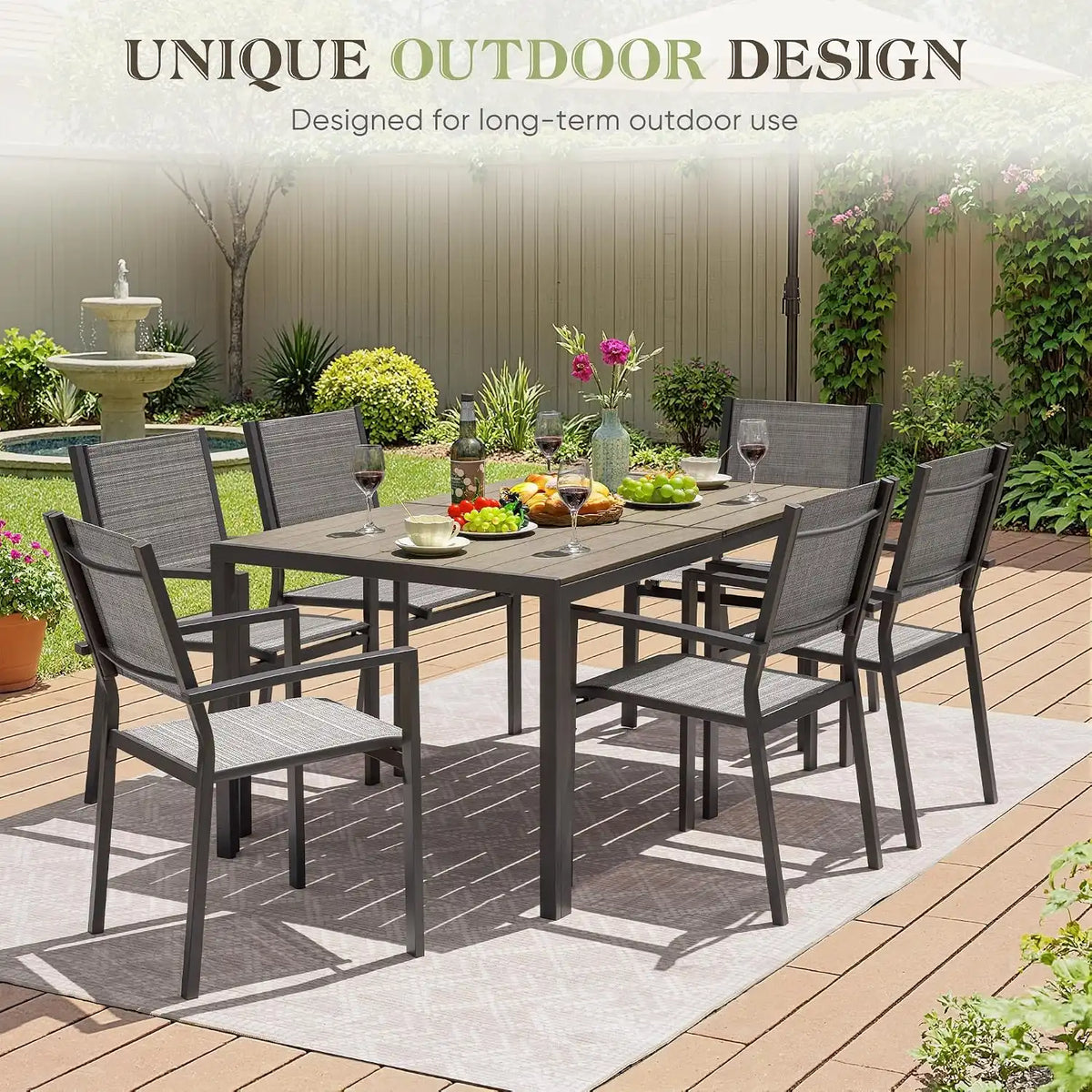 Greesum 7 Piece Patio Dining Set, Outdoor Furniture with Large Table & 6 Textilene Chairs for Garden, Poolside, Porch, Grey