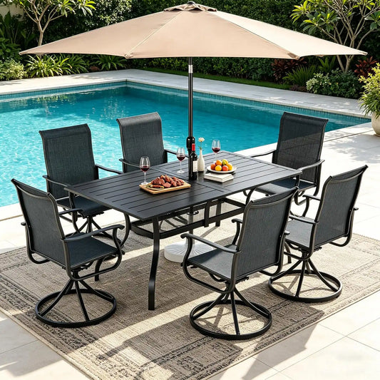 SUNCROWN 8-Piece Outdoor Dining Set, All Weather Patio Furniture Sets with 6 Dark Grey Swivel Textilene Mesh Chairs & Rectangular Metal Table & 1 Brown 9Ft Umbrella for Garden Backyard Poolside
