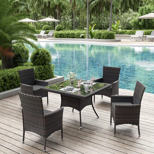 ALAULM 5 Piece Patio Dining Set All-Weather Wicker Outdoor Furniture Set w/Tempered Glass Tabletop, Removable Cushions and Umbrella Hole for Patio, Backyard, Garden, Poolside(Grey)