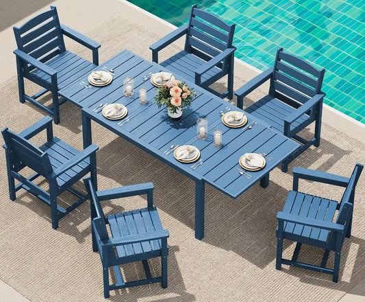 SERWALL 60" - 83" Expandable Outdoor Dining Table and 6 HDPE Chairs, Blue