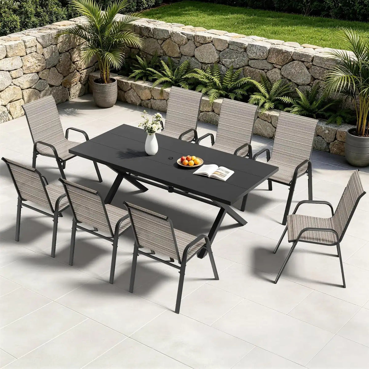 9 PCS Outdoor Patio Dining Set,Patio Table and Chairs Metal Outdoor Patio Furniture Set with Umbrella Hole,Dining Table Set with 8 Teslin Chairs for Deck,Backyard and Garden