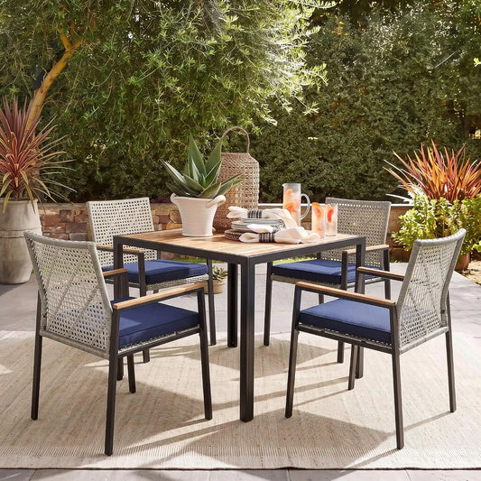 5 PCS Acacia Wood Patio Dining Set, Grey & Blue