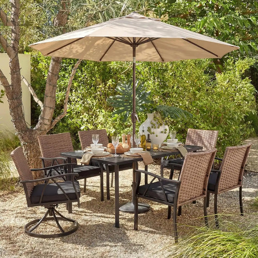 7-Piece Patio Dining Set for 6, Outdoor Dining Set with Wicker Swivel Patio Dining Chairs with Cushions & Black Rectangular Woodgrain Dining Table with 1.75”Umbrella Hole, Black & Brown