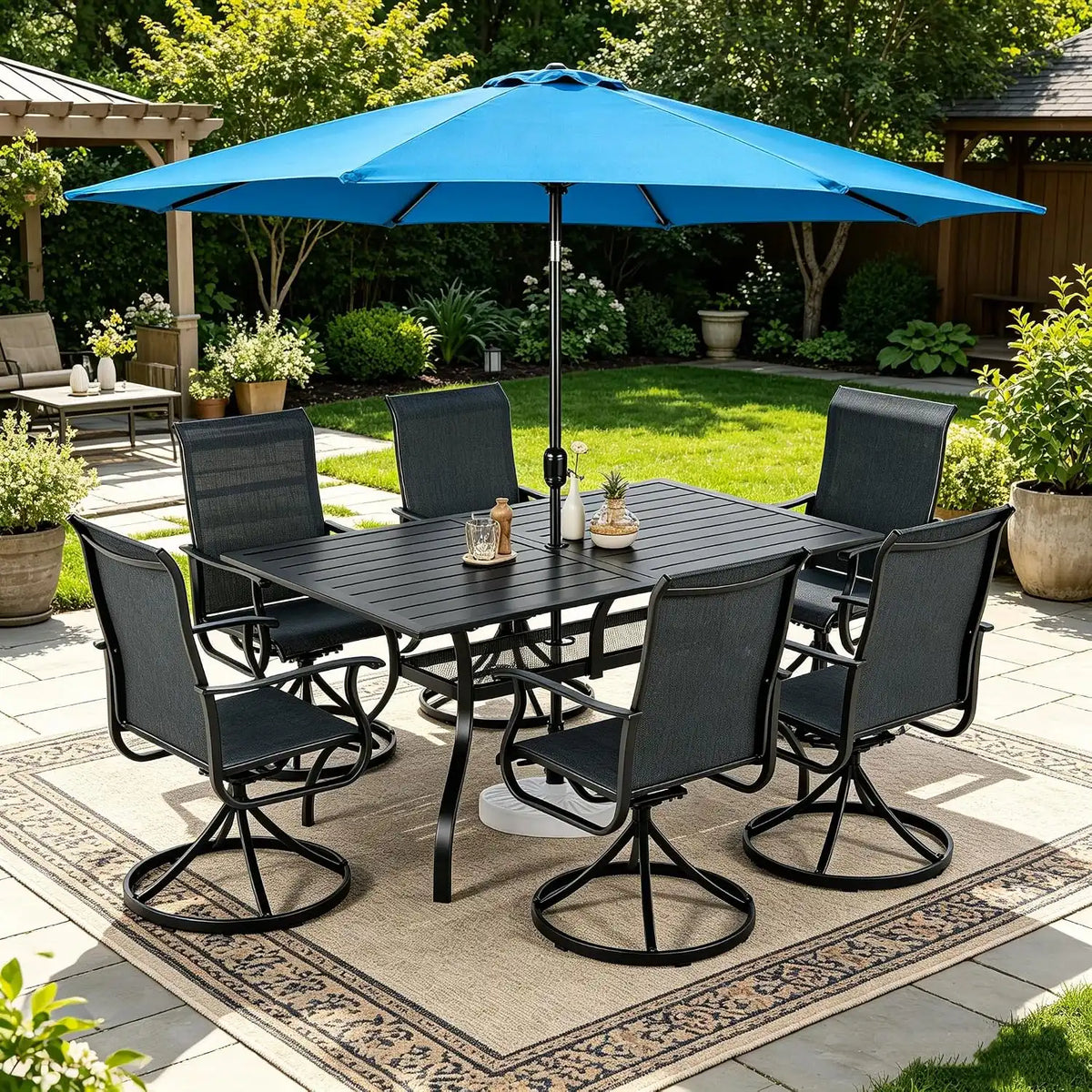 SUNCROWN 8-Piece Outdoor Dining Set, All Weather Patio Furniture Sets with 6 Dark Grey Swivel Textilene Mesh Chairs & Rectangular Metal Table & 1 Light Blue 9Ft Umbrella for Garden Backyard Poolside