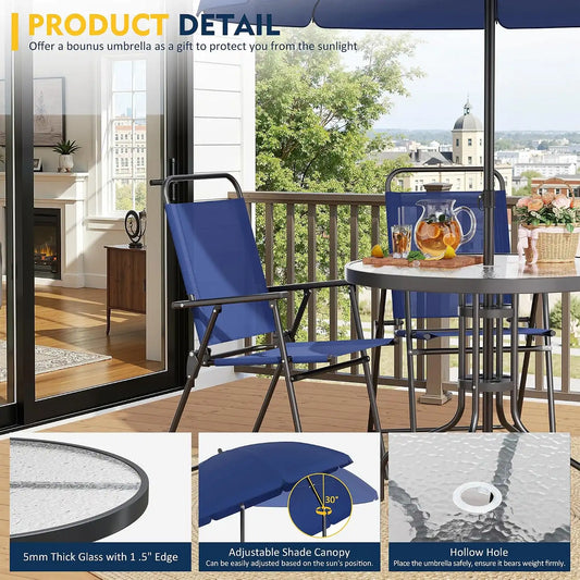 Shintenchi 6 Piece Patio Dining Set with Umbrella, Outdoor Furniture Set with 4 Folding Chairs and Tempered Glass Top Dining Table fot Lawn Backyard Garden Porch, Dark Blue