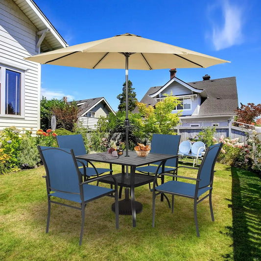 SUNCROWN 6 - Piece Outdoor Dining Set, Patio Furniture Set with 4 Textilene Dinning Chairs, 1 Steel Slat Metal Bistro Table and 1 Brown 9Ft Patio Umbrella for Lawn Garden Backyard Deck, Blue