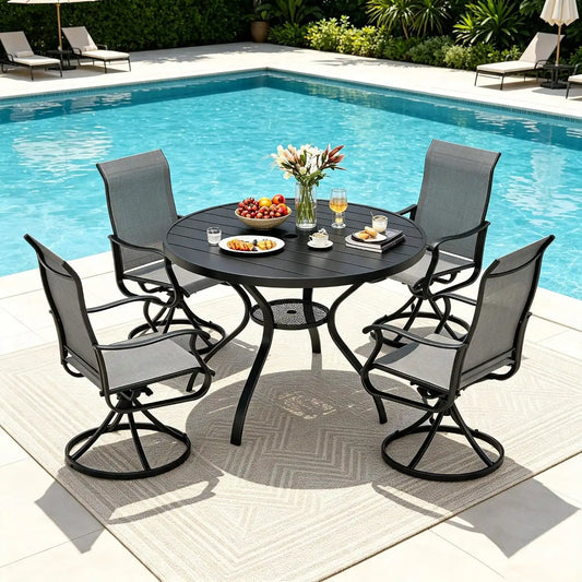SUNCROWN 5-Piece Outdoor Patio Dining Set, All Weather Round Metal Table & 4 Dark Gray Swivel Textilene Mesh Chairs, Weather Resistant Patio Furniture for Deck Lawn Garden Backyard Poolside