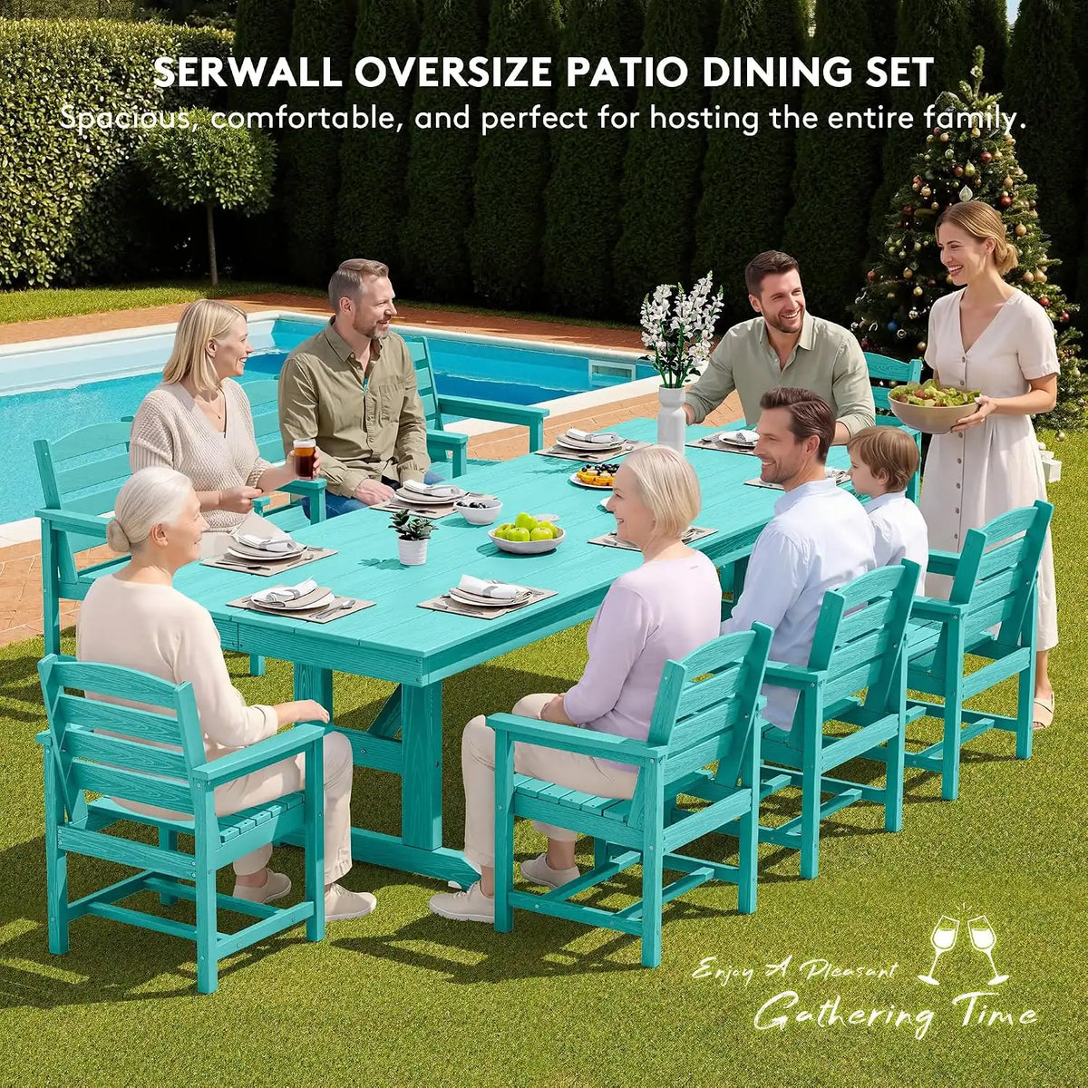 SERWALL 9Pcs 84" HDPE Outdoor Dining Set for 8 with Armchairs,Aruba