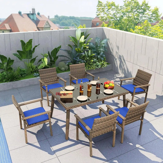 Rattaner Brown Wicker Patio Dining Set 7 Pieces Outdoor Dining Table and Chairs with Cushions and Waterproof Cover, Royal Blue