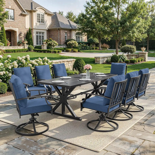 ALAULM 9-Piece Patio Dining Set,Outdoor Metal Dining Set with 8 Swivel Chairs & Rectangle Table with 1.5 Umbrella Hole, Patio Dining Table and Chairs for Backyard,Navy