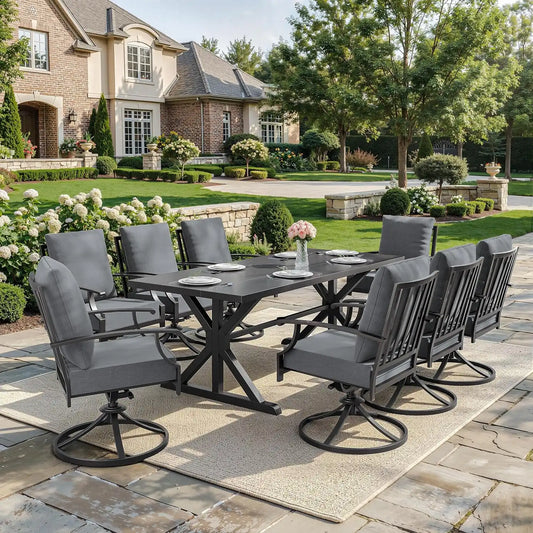 ALAULM 9-Piece Patio Dining Set, Outdoor Metal Dining Set with 8 Swivel Chairs & Rectangle Table with 1.5 Umbrella Hole, Patio Dining Table and Chairs for Backyard, Grey
