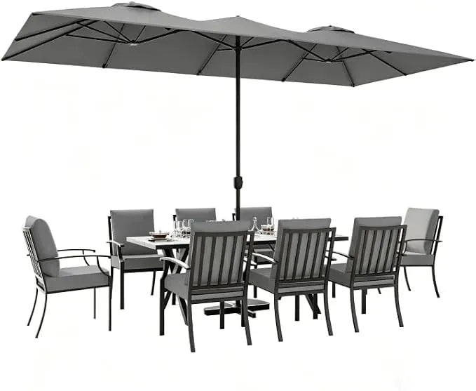 ALAULM 9-Piece Patio Dining Set with 14FT Patio Umbrella,Outdoor Dining Set with 8 Metal Chairs & Rectangle Table with1.5 Umbrella Hole, Patio Dining Table and Chairs for Backyard,Poolsid-Grey