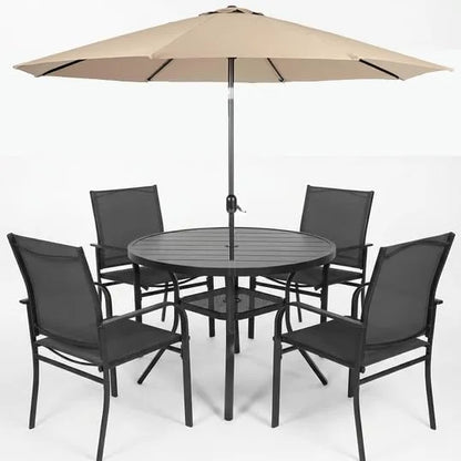 SUNCROWN 6 - Piece Outdoor Dining Set, Patio Furniture Set with 4 Textilene Dinning Chairs, 41" Metal Round Table and 1 Brown 9Ft Patio Umbrella for Lawn Garden Backyard Deck, Black
