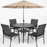 SUNCROWN 6 - Piece Outdoor Dining Set, Patio Furniture Set with 4 Textilene Dinning Chairs, 41" Metal Round Table and 1 Brown 9Ft Patio Umbrella for Lawn Garden Backyard Deck, Black