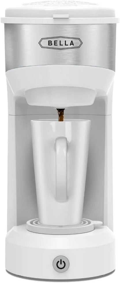 BELLA Dual Brew Single Serve Coffee Maker, K-cup Compatible with Ground Coffee Basket & Adapter - Carefree Auto Shut Off & Adjustable Tray, 14oz, White