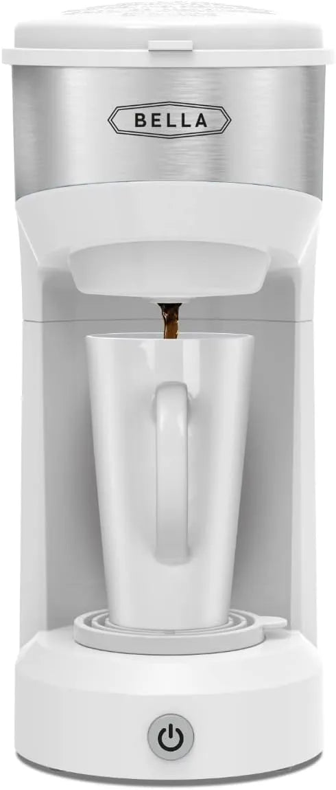 BELLA Dual Brew Single Serve Coffee Maker, K-cup Compatible with Ground Coffee Basket & Adapter - Carefree Auto Shut Off & Adjustable Tray, 14oz, White
