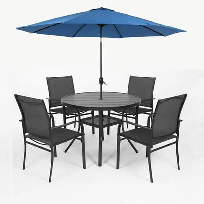 SUNCROWN 6 - Piece Outdoor Dining Set, Patio Furniture Set with 4 Textilene Dinning Chairs, 41" Metal Round Table and 1 Dark Blue 9Ft Patio Umbrella for Lawn Garden Backyard Deck, Black