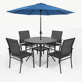 SUNCROWN 6 - Piece Outdoor Dining Set, Patio Furniture Set with 4 Textilene Dinning Chairs, 41" Metal Round Table and 1 Dark Blue 9Ft Patio Umbrella for Lawn Garden Backyard Deck, Black